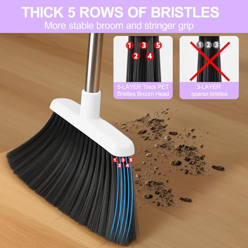 Broom with Dustpan Combo Set for Home, 52-in Long Adjustable Handle Angle Broom and Dustpan Set with Dustpan Comb Teeth for Sweeping Pet Hair Food Dirt Kitchen (White-Purple) - color: White-purple