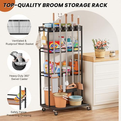 Olakee Taller Broom Holder with Cleaning Supplies Organizer, Broom Closet Storage Cabinet with Mop Hanger Gripper Rack Hooks, Housekeeping Janitorial Cart with Cleaning Caddy, Garage Home Improvement - size: Elevated