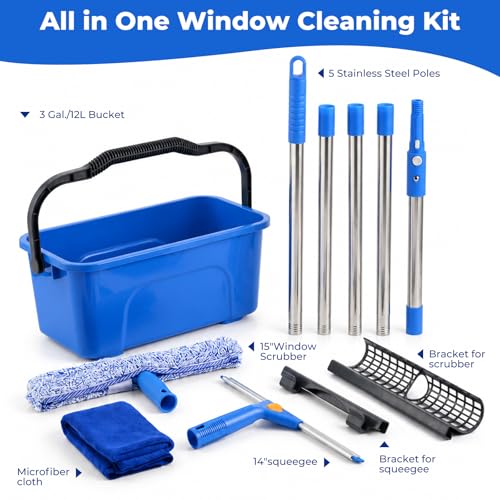 UFORU Professional Window Cleaning Kit with Bucket, 3 Gallon Set with 14" Window Squeegee, 15" Microfiber Scrubber and 76" Long Handle for High Window, Home, Outdoor, Commercial and Car Glass Cleaning