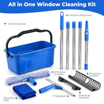 UFORU Professional Window Cleaning Kit with Bucket, 3 Gallon Set with 14" Window Squeegee, 15" Microfiber Scrubber and 76" Long Handle for High Window, Home, Outdoor, Commercial and Car Glass Cleaning
