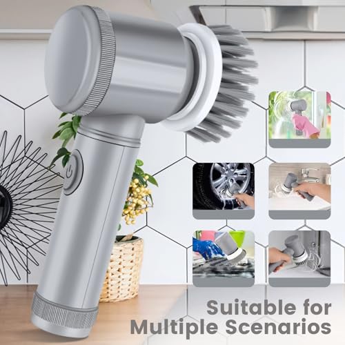 Electric Spin Scrubber, Cordless Bathroom Cleaning Brush IPX6 Waterproof with 6 Replaceable Heads, Power Scrubber for Bathtub, Tiles, Car Wash, Kitchen & Multi-Surface Home Cleaning