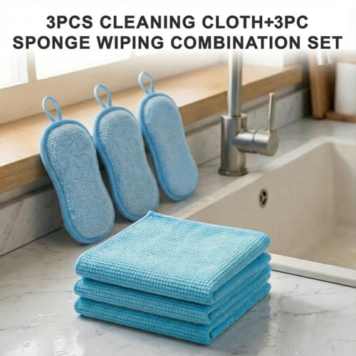 6Pcs Microfiber Cleaning Cloths & Sponges Set - 3Pcs Absorbent Towels + 3Pcs Dual-Sided Scrub Sponges - for Kitchen, Car, Bathroom, Dishes and Hard Surfaces(Blue) - color: Blue