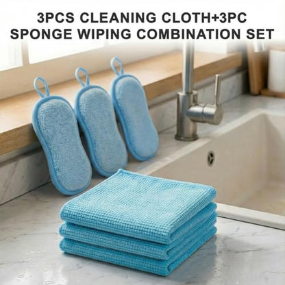 6Pcs Microfiber Cleaning Cloths & Sponges Set - 3Pcs Absorbent Towels + 3Pcs Dual-Sided Scrub Sponges - for Kitchen, Car, Bathroom, Dishes and Hard Surfaces(Blue) - color: Blue
