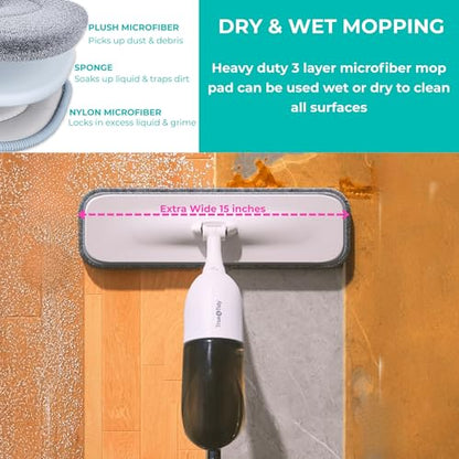 True & Tidy Clean Everywhere Spray Mop Kit - Premium Floor Cleaner with Flat, Round, and Squeegee Mop Heads (White) - color: White