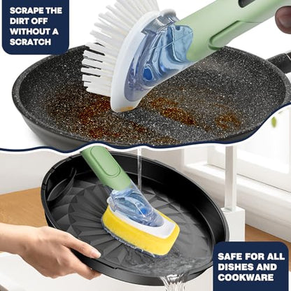 Dish Brush with Soap Dispenser Storage Set with 2 PCS Sponge Refills & Holder, Soap Dispensing Dish Brushes, Sponge with Soap Dispenser Handle, Dish Sponges with Handle for Dishes Pans Pots Sink - color: Green