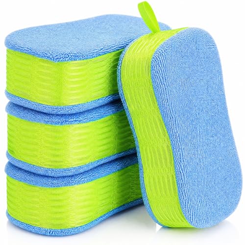 4 Pack Large Microfiber Car Wash Sponges, Cleaning Extra Thick Multi-Purpose Non Scratch Dual-Sided Scrub Pad Reusable Pad for Car, Trucks, Suvs, Boat, Bathroom, Kitchen(Green) - color: Green
