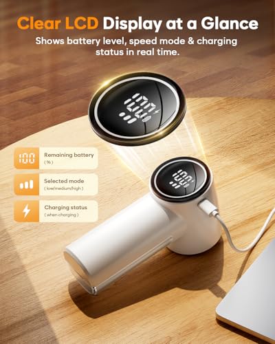 Fabric Shaver, Lint Remover Rechargeable, 6-Blade Lint Remover with LCD Display & 3 Speeds, Portable for Clothes, Sweaters, Couches, Blankets, Includes 3 Replacement Blades, Pearl White