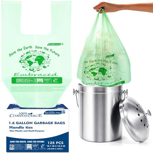 BEIDOU-PAC 1.6 Gallon Certified Compostable Trash Bags with Handle, 125 Count Small Compost Kitchen Garbage Bags, Food Scrap Waste Bags for Countertop Bin, Meets ASTM D6400 US BPI Certified - style: Handle | 1.6 Gallon | 125 Count