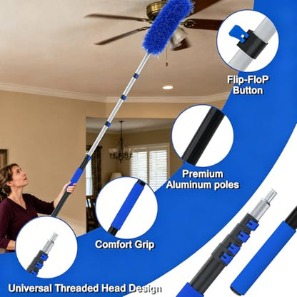 26FT Reach Duster Kit, Window Cleaning with 5-20FT Telescoping Extension Pole, High Ceiling Duster, Microfiber Feather Duster, Cobweb Duster, Window Squeegee, Feather Duster, Extendable Pole Kit - color: Blue, size: 20FT