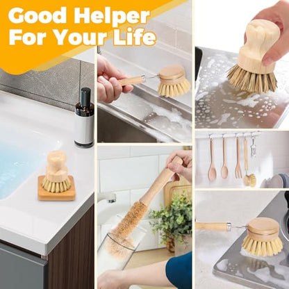 10 Pcs Bamboo Dish Brush Set, Wooden Dish Brush with Long Handle Cup Brush, Short Handle Sisal & Coarse Brushes, Square Rack Tray, Natural Bamboo Bottle Brush for Pots, Pans,Vegetables - color: Log Color 10pcs