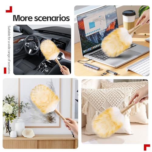 Lambswool Duster for Cleaning with Solid Wooden Handle Leather Hang Strap 14.9 inch Natural Feather Duster for Cleaning Ceiling Fans Window Blinds Computer Furniture(2 Pack) - size: 14.9Inch