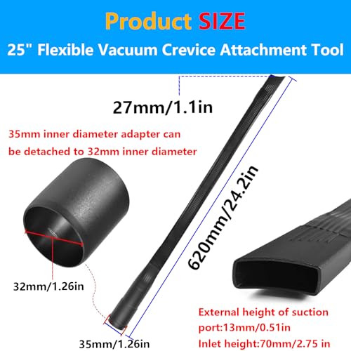 25" Long Flexible Crevice Tool Vacuum Cleaning Attachment with Removable Brush Head For All 1-1/4 inch or 1-3/8 inch Connector Hoses Helps Clean Cobwebs on Ceiling, Dryer Lint, Under Furniture