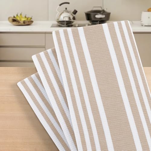 Homaxy Premium Kitchen Towels 18”x 28”, Large Cotton 380 GSM Kitchen Hand Towels, Stripe and Terry Dish Towel, Highly Absorbent Tea Towel Set with Hanging Loop, 6 Pack, Khaki - color: Khaki Stripe, style: 6-pack