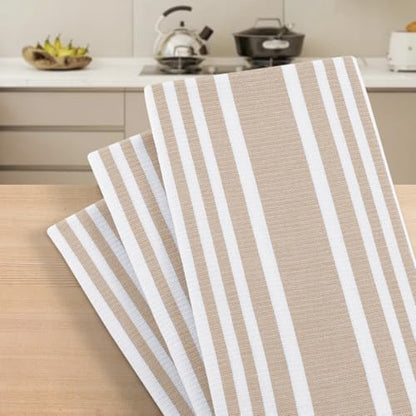 Homaxy Premium Kitchen Towels 18”x 28”, Large Cotton 380 GSM Kitchen Hand Towels, Stripe and Terry Dish Towel, Highly Absorbent Tea Towel Set with Hanging Loop, 6 Pack, Khaki - color: Khaki Stripe, style: 6-pack