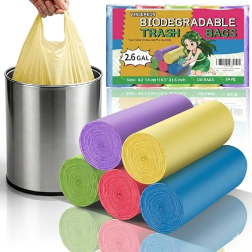 2.6 Gallon Colorful Bathroom Trash Bags - With Handles Small Garbage Bags Biodegradable 100 Count Unscented Mini Kitchen Car Office Little Wastebasket Liners 10 Liter Strong Thick Bulk Vincereon
