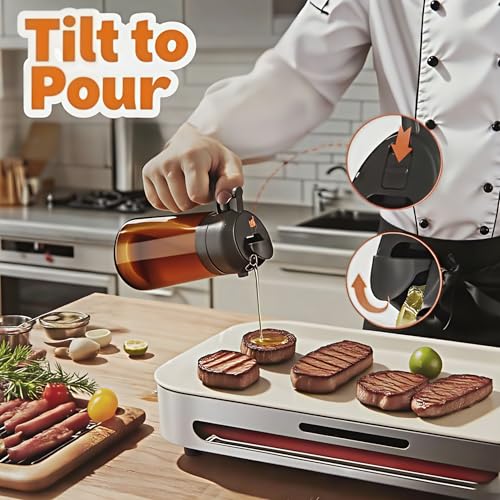 Oil Sprayer for Cooking 2 in 1, Olive Oil Dispenser for Kitchen Gadgets, 16oz/470ml Premium Light-Blocking Oil Bottle, Food-Grade Spray Bottle, for Salad, Air Fryer, BBQ (Brown) - color: Brown Glass/Black Cap