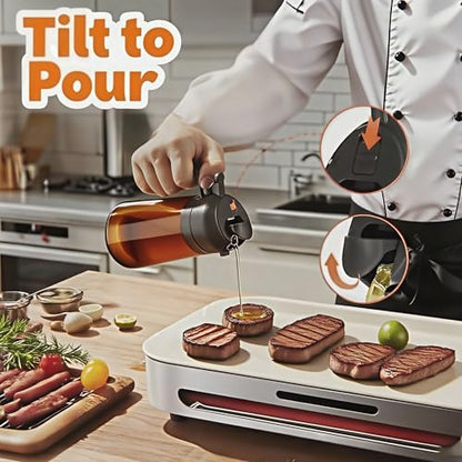 Oil Sprayer for Cooking 2 in 1, Olive Oil Dispenser for Kitchen Gadgets, 16oz/470ml Premium Light-Blocking Oil Bottle, Food-Grade Spray Bottle, for Salad, Air Fryer, BBQ (Brown) - color: Brown Glass/Black Cap