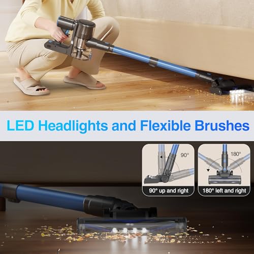 Zefiro Vacuum Cleaners for Home | 450W /40Kpa 50Mins Cordless Stick Vacuum Cleaner, Rechargeable Wireless Anti-Tangle Vacuum for Pet Hairs/Hardwood Floor