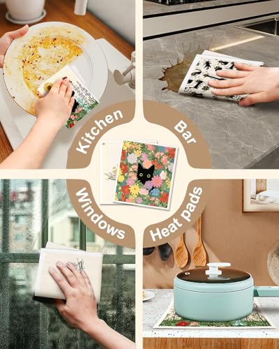Miss Adola Swedish Dishcloths for Kitchen with Hooks - Reusable Dish Cloths for Washing Dishes Fast Drying Cute Fun 5 Pack Swedish Dish Towels Washable Cleaning Sponge, Black Cats - color: Black Cats