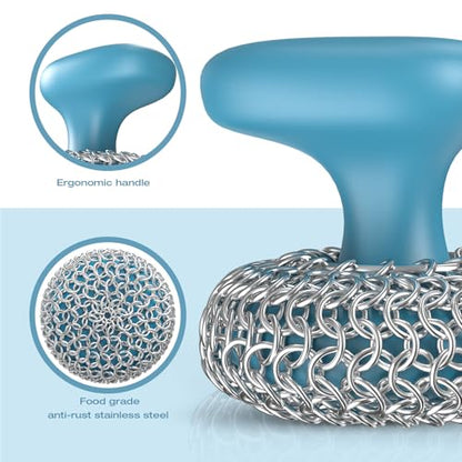 Cast Iron Scrubber | Dish Scrub Brush | 316 Cast Iron Cleaner Chainmail Scrubber for Pan Skillet Cleaner - Blue - color: Blue