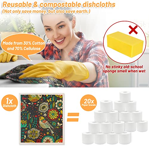 Lucomb 8 Pack Swedish Dishcloths for Kitchen, Reusable Soft Kitchen Towels Dish Cloths Set Absorbent Sponge Cleaning Washable Quick Drying Bar Hand Washing (Birds Flowers) - color: Birds Flowers
