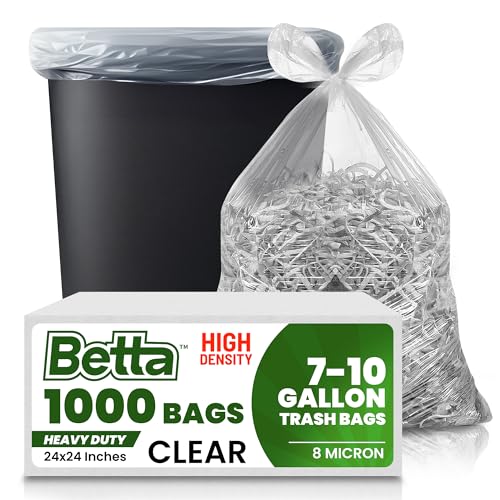 Betta 8-10 Gallon Medium Trash Bags, Clear, 1000 Count Box, (24x24-inch) Commercial Office Wastebasket Garbage Can Liners, 7-10 Gallon Round Cans, 6-8 Gallon Slim and Square Cans