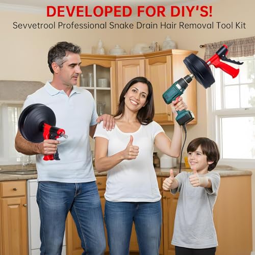 Drain Snake Hair Drain Clog Remover,SEVVETROOL Plumbing Drain Auger Snake Drill Attachment Toilet Snake Auger for Bathroom Kitchen Tub Shower Drain Clog Remover with Gloves(33ft/10M)