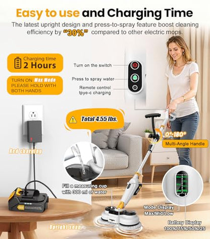 qimedo Battery Electric Mop M3, 800RPM Cordless Electric Power Scrubber & Mops for Floor Cleaning, Best Automatic Spin Mops with Smart Display,Rotating Mop with LED Light & Water Spray