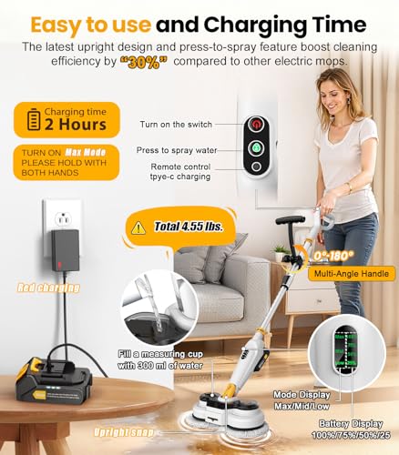 Qimedo Battery Electric Mop, Cordless Electric Scrubber & Mops for Floor Cleaning, Best Automatic Spin Mops with Smart Display,Rotating Mop with LED Light & Water Spray