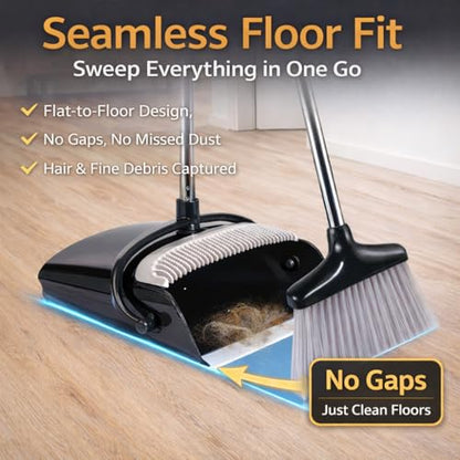 Broom and Dustpan Set with Long Handle and 6 Bonus Cleaning Tools, Upright Standing Combo with Self-Cleaning Teeth & Windproof Dustpan for Pet Hair, Home, Kitchen, Garage, Apartment - color: Black&grey