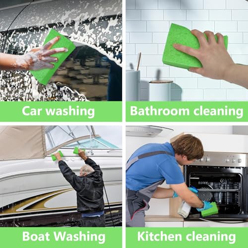 Cleaning and Washing Sponge, 3 Pack Large Extra Thick Heavy Duty Sponge Multi-Purpose for Kitchen Bathroom Bike Boat Car, Natural Cellulose Sponges 4" X 6" X 2" (Green) - color: A-green