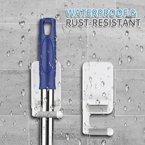 NiHome Multi-Use Wall Mounted Mop Holders 4PCS for Mops, Brooms, Tools, Umbrellas, Kitchen & Bathroom Supplies, Space-Saving Broom Holder with 180° Rotating Design, Self-Adhesive No-Drill Installation