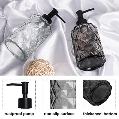 11oz Glass Soap Dispenser with Plastic Pump, Clear & Black Diamond Design Refillable Hand Soap Dispenser for Hand Wash and Dish Wash for Dishwashing Liquid, Lotion Shower Gel - color: Diamond Black & Diamond Clear