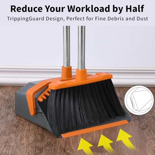 Tiumso Broom and Dustpan Set with 51'' Long Handle, Upright Broom and Dustpan Combo for Home Kitchen Office Restaurant Garage Lobby Dog Cat Pets Hair - Grey and Orange - color: Orange and Grey