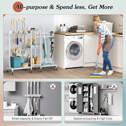 Broom Holder with Cleaning Supplies Organizer, Broom Closet Storage Cabinet with Cleaning Caddy Vacuum Stand, Cleaning Cart with Mop Hanger Gripper Rack Hook, Laundry Room Organization Home Essentials - color: White