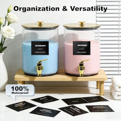 Glass Laundry Detergent Dispenser for Laundry Room Organization, 1 Gallon Large Liquid Soap Dispenser with Black Metal Lid & Leak-Proof Spigot, 2 Measured Cups, 2 Silicone Mats & 9 Labels (2, Gold) - color: Gold