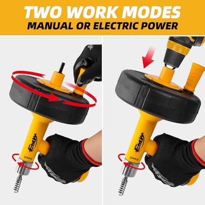 Drain Augers, Clog Remover with Drill Adapter, 25 Feet Heavy Duty Flexible Plumbing Snake Use Manually or Powered