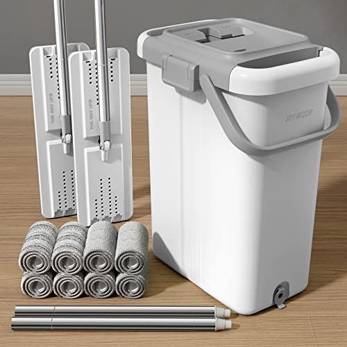 JOYMOOP Mop and Bucket Set for Floor and Wall Cleaning, Commercial and Household Use, Flat Mop System with 60" Dual Mops + 8 Pads - color: White Max582