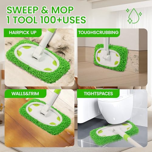 Reusable Microfiber Floor Mop System, Wet & Dry Sweeper Kit, Includes 1 Sweeper Handle, 3 Washable Chenille Mop Pads, Dry & Wet Use for Hardwood, Tile, and Laminate Floor, Green - color: Green