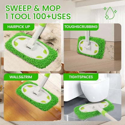 Reusable Microfiber Floor Mop System, Wet & Dry Sweeper Kit, Includes 1 Sweeper Handle, 3 Washable Chenille Mop Pads, Dry & Wet Use for Hardwood, Tile, and Laminate Floor, Green - color: Green