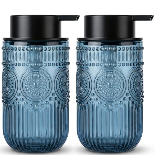 Blue Glass Foaming Soap Dispenser, 14 OZ Vintage Embossed Foam Hand Soap Dispenser, Refillable Foam Dispenser with Black Pump for Bathroom, Kitchen Decor, Large Capacity - color: Blue-black Pump