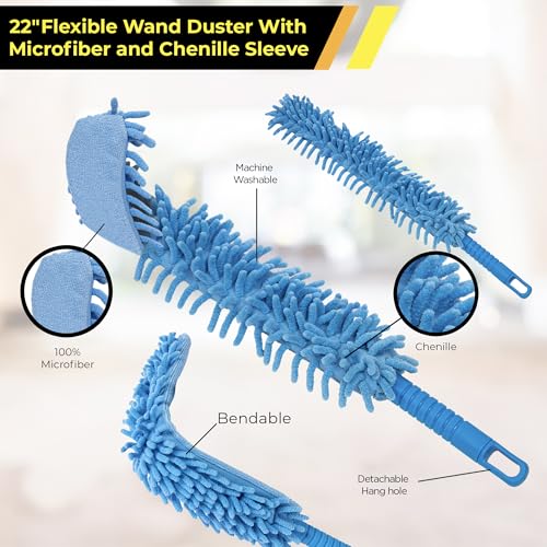 22" Flexible Wand Duster with Microfiber & Chenille Sleeve - Bendable, Washable, High-Reach Dusting for Ceiling Fans, Walls, Cabinets & More - Compatible with Extension Poles