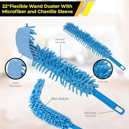 22" Flexible Wand Duster with Microfiber & Chenille Sleeve - Bendable, Washable, High-Reach Dusting for Ceiling Fans, Walls, Cabinets & More - Compatible with Extension Poles