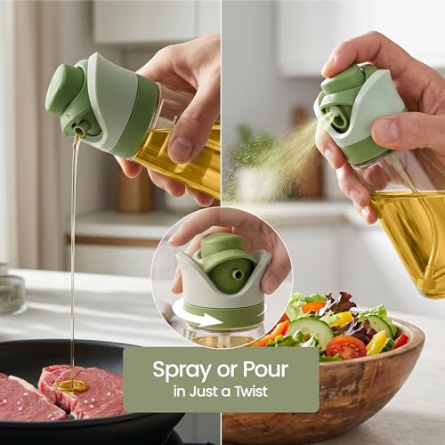 Olive Oil Dispenser for Kitchen 2-in-1 Pour and Spray | 11.5 oz / 340 ml | Glass Olive Oil Sprayer for Cooking, Airfryer, Salad & BBQ | Set of 2 Bottles, Green - color: Green