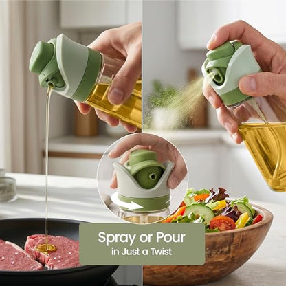 Olive Oil Dispenser for Kitchen 2-in-1 Pour and Spray | 11.5 oz / 340 ml | Glass Olive Oil Sprayer for Cooking, Airfryer, Salad & BBQ | Set of 2 Bottles, Green - color: Green