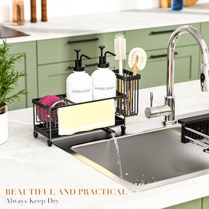 Kitchen Soap Dispenser Set with Sponge Holder and Towel Rack, 17OZ Glass Bottle, Hand and Dish Soap Dispenser Set, Non-Slip Silicone Pad, Brush Holder, Kitchen Sink Caddy Organizer Countertop (White) - color: White