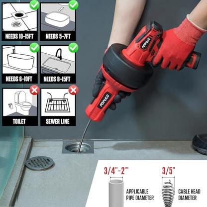 POPULO 12V Cordless Electric Drain Auger, Auto Feed Plumbing Snake Drain for Unclog Sink Drain 3/4"-2" Pipe, 16.8 FT Snake Hair Drain Clog Remover Cleaner Tools for Shower, Kitchen, Bathtub, Sink
