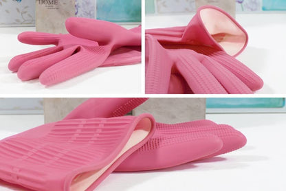 Myungjin (2 Pairs Reusable Waterproof Household Dishwashing Non-Slip Cleaning Latex Rubber Kitchen Gloves (Pink, Large) - size: Large 21.5cm x 38cm