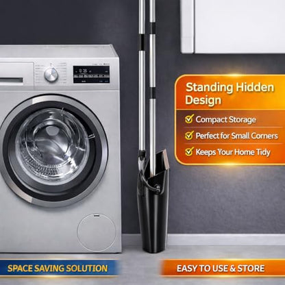 Broom and Dustpan Set with Long Handle and 6 Bonus Cleaning Tools, Upright Standing Combo with Self-Cleaning Teeth & Windproof Dustpan for Pet Hair, Home, Kitchen, Garage, Apartment - color: Black&grey
