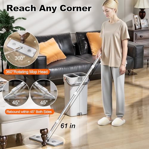 Mop and Bucket Set, Flat Mop and Bucket System, Mop Bucket with Wringer, Wall Mop with Adjustable Handle (Max 61 Inches), 5 Washable Microfiber Mop Pads